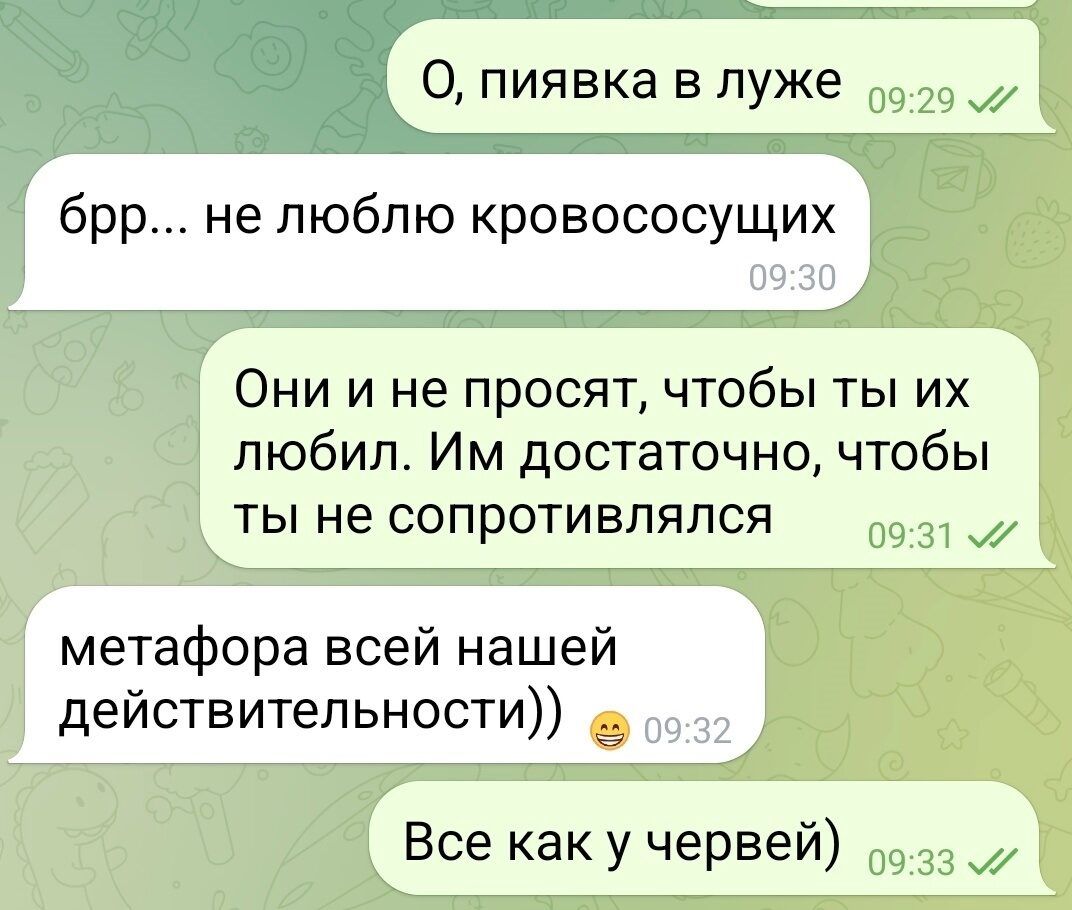 О пиявка в луже бро не люблю кровососущих Они и не просят чтобы ты их любил Им достаточно чтобы ты не сопротивлялся метафора всей нашей действительности Все как у червей