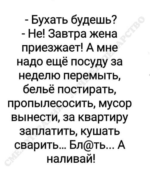 Бухать будешь Не Завтра жена приезжает А мне надо ещё посуду за неделю перемыть бельё постирать пропылесосить мусор вынести за квартиру заплатить кушать сварить Блть А наливай
