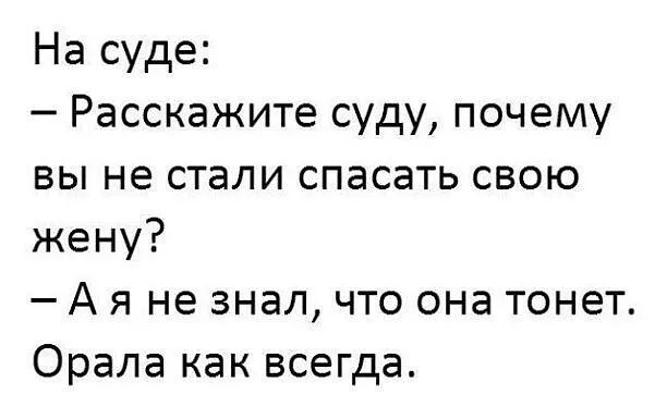 На суде Расскажите суду почему вы не стали спасать свою жену А я не знал что она тонет Орала как всегда