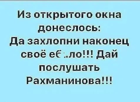 Из открытого окна донеслось да захлопни наконец своё еёло Дай послушать Рахманинова
