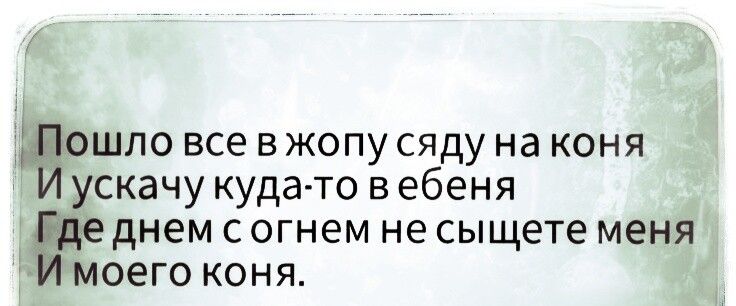 ошло все в жопу сяду на коня ускачу куда то в ебеня днем с огнем не сыщете меня моего коня
