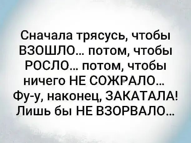 Сначала трясусь чтобы ВЗОШПО потом чтобы РОСЛО потом чтобы ничего НЕ СОЖРАЛО Фу у наконец ЗАКАТАЛА Лишь бы НЕ ВЗОРВАЛО
