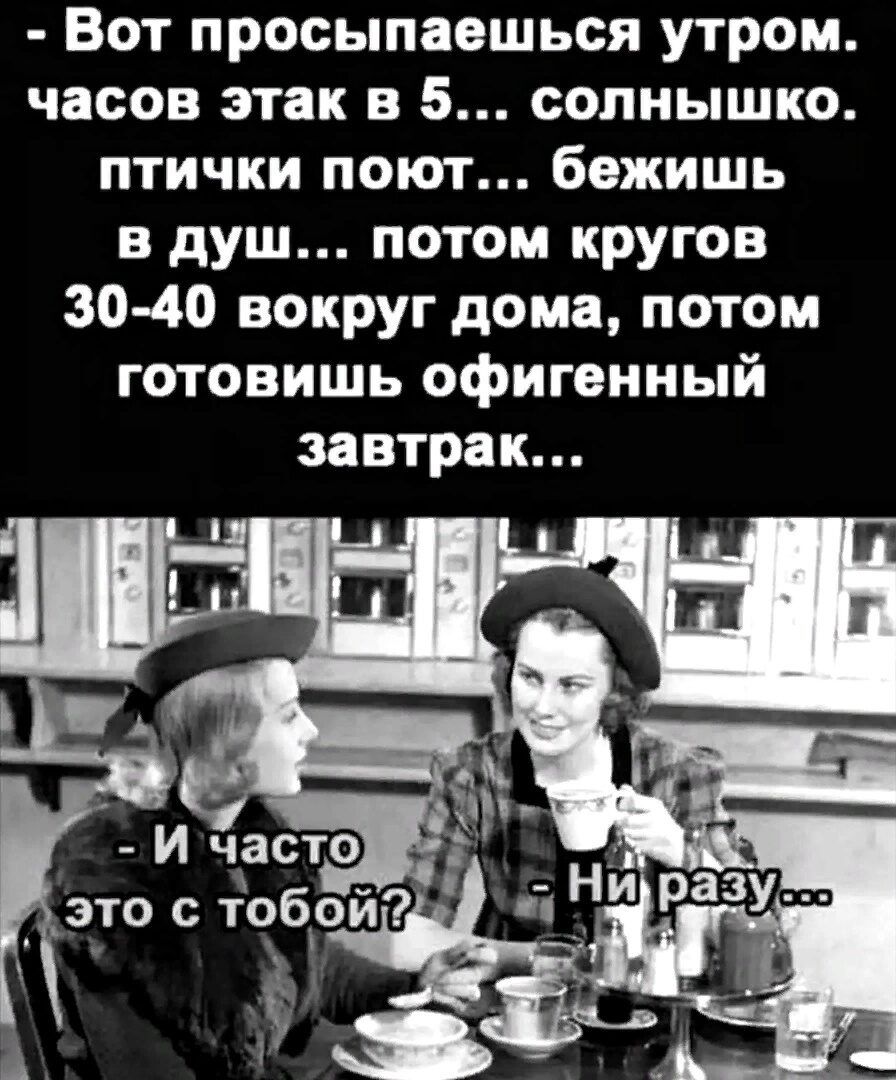 Вот просыпаешься утром часов этак в 5 солнышко птички поют бежишь в душ потом кругов 30 40 вокруг дома потом готовишь офигенный завтрак