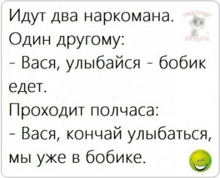 Идут два наркомана Один Другому Вася улыбайся бобик едет Проходит полчаса Вася кончай улыбаться мы уже в бобике