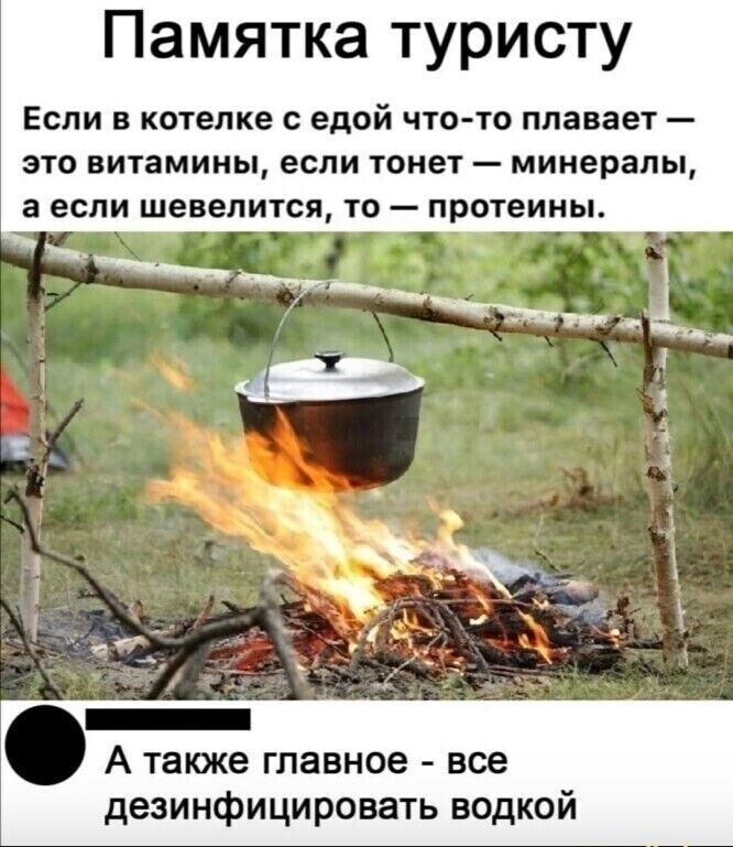 Памятка туристу ЕСЛИ В котелке С едой ЧТО ТО плавает _ это витамины если тонет минералы а если шевелится то протеины А таюке главное все дезинфицировать водкой