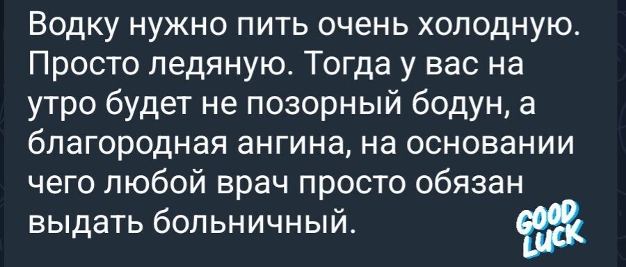 Водку нужно пить очень холодную Просто ледяную Тогда у вас на утро будет не позорный бодун а благородная ангина на основании чего любой врач просто обязан выдать больничный