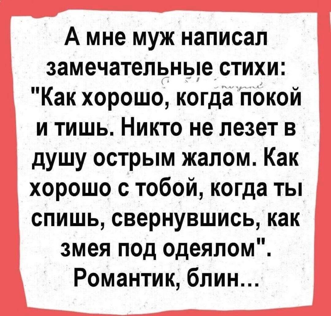 А мне муж написал замечательные стихи Как хорошо когда покой и тишь Никто не лезет в душу острым жалом Как хорошо с тобой когда ты спишь свернувшись как змея под одеялом Романтик блин