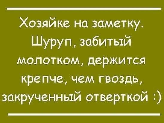 Хозяйке на заметку Шуруп забитый молотком держится крепче чем гвоздь закрученный отверткой