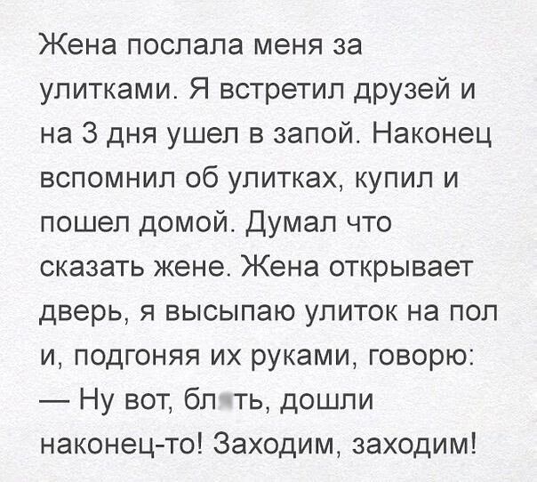 Жена послала меня за улитками Я встретил друзей и на 3 дня ушел в запой Наконец вспомнил об улитках купил и пошел домой Думал что сказать жене Жена открывает дверь я высыпаю улиток на пол и подгоняя их руками говорю Ну вот бп ть дошли наконецто Заходим заходим