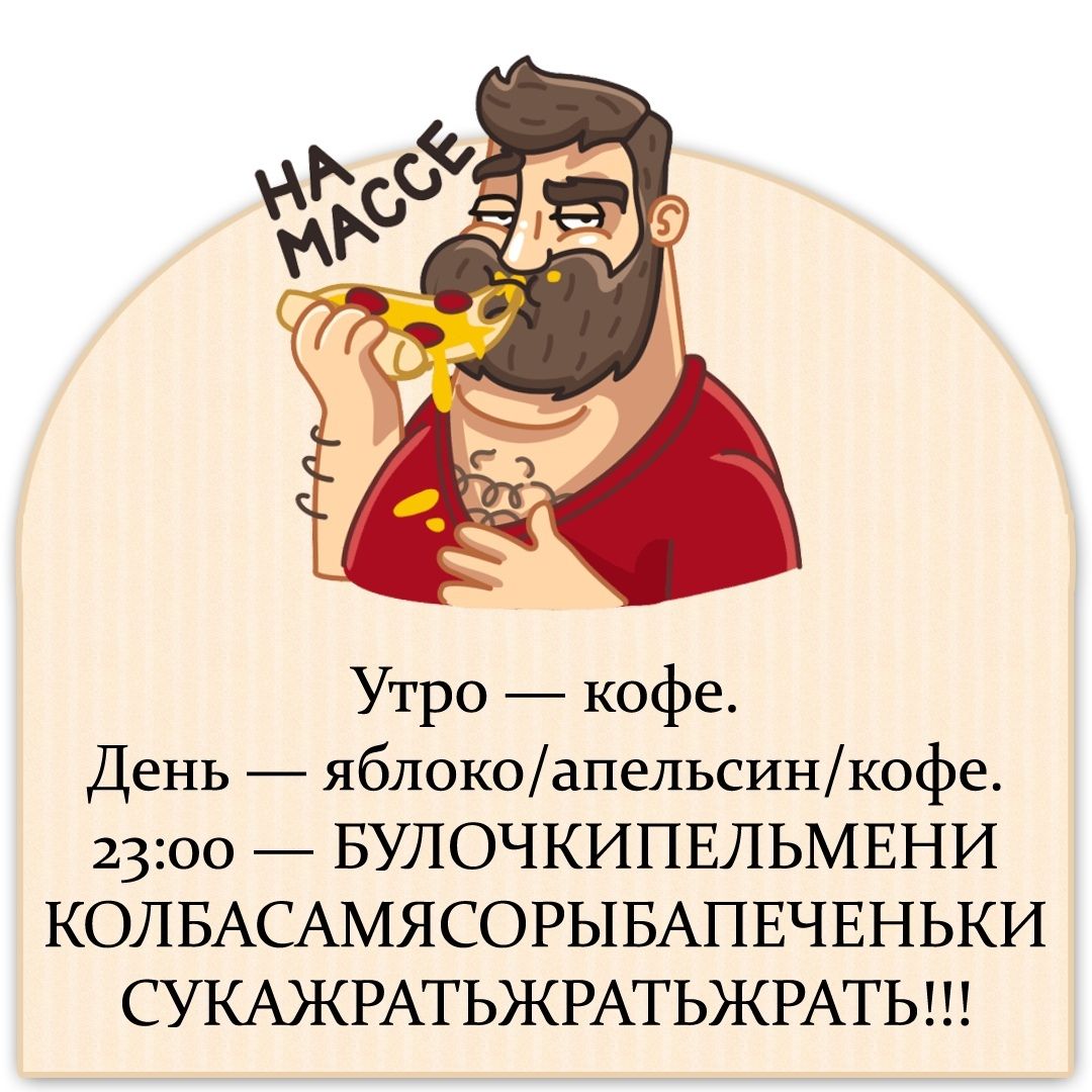 Утро кофе День яблоко апельсин кофе 2300 БУЛОЧКИПЕЛЬМЕНИ КОЛБАСАМЯСОРЫБАПЕЧЕНЬКИ СУКАЖРАТЬЖРАТЬЖРАТЬ