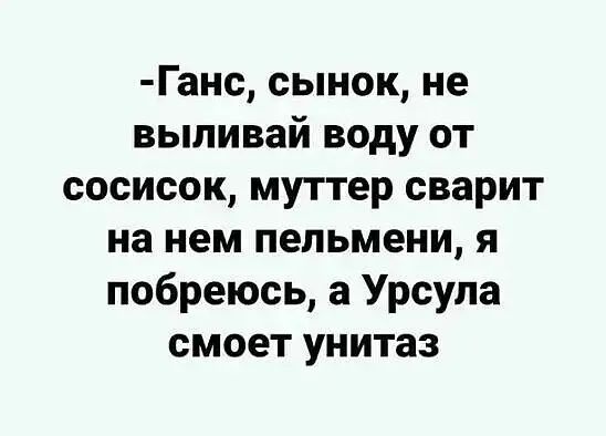 Ганс сынок не выливай воду от сосисок муттер сварит на нем пельмени я побреюсь а Урсула смоет унитаз