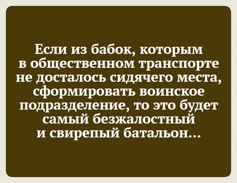 Если из бабок которым в общественном транспорте не досталось сидячего места сформировать воинское подразделение то это будет самый безжалостный и свирепый батальон