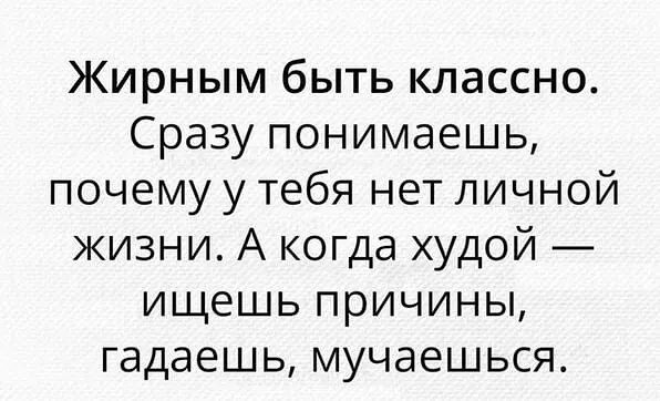 Жирным быть классно Сразу понимаешь почему у тебя нет личной жизни А когда худой ищешь причины гадаешь мучаешься