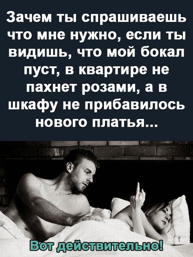 Зачем ты спрашиваешь что мне нужно если ты видишь что мой бокал пуст в квартире не пахнет розами а в шкафу не прибавилось НОВОГО платья