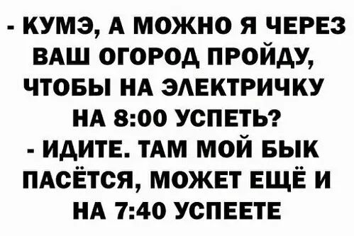 кумэ А можно я через ВАШ огород пройду чтовы нд эмгктричку нд вюо успетьг идите ТАМ мой Бык нАсЁтся может ЕЩЁ и НА 140 успеете