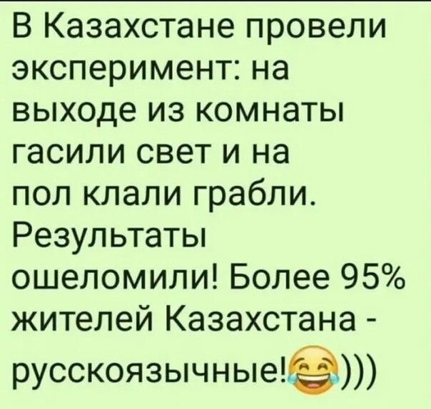 В Казахстане провели эксперимент на выходе из комнаты гасили свет и на пол клали грабли Результаты ошеломили Более 95 жителей Казахстана русскоязычные