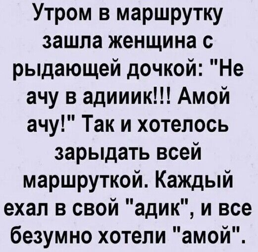 Утром в маршрутку зашла женщина с рыдающей дочкой Не ачу в адииик Амой ачу Так и хотелось зарыдать всей маршруткой Каждый ехал в свой адик и все безумно хотели амой