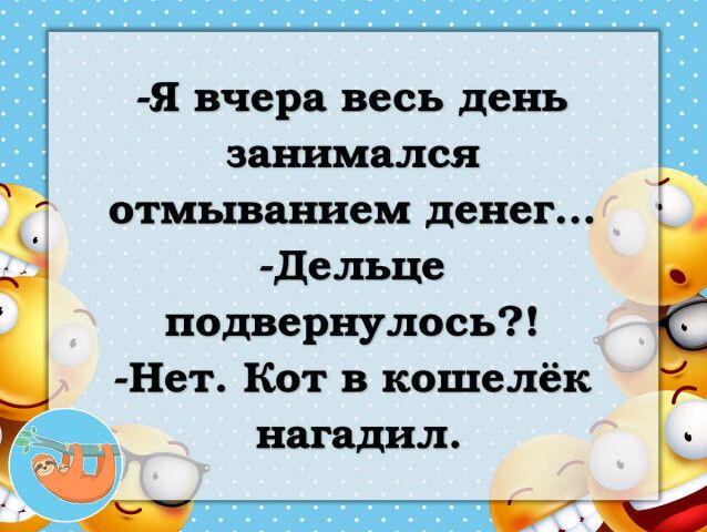 я вчера весь день занимался отмыванием денег дельце подвернулось Нет Кот в кошелёк