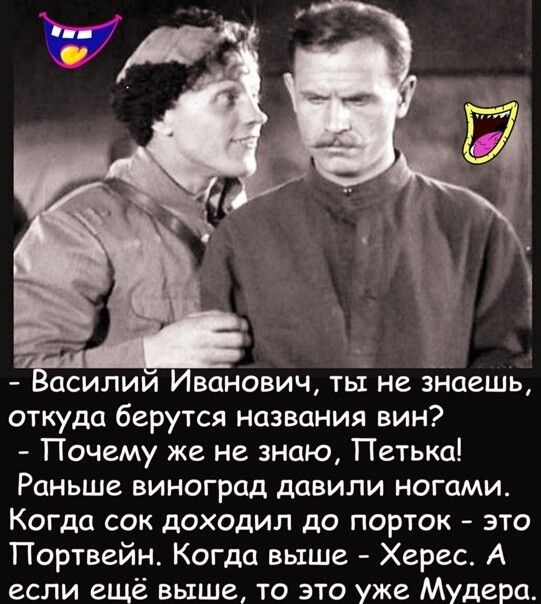 асилии ванович тьі не зЁшешы откуда берутся названия вин Почему же не знаю Петька Раньше виноград давили ногами Когда сок доходил до порток это Портвейн Когда выше Херес А если ещё выше то это уже Мудера