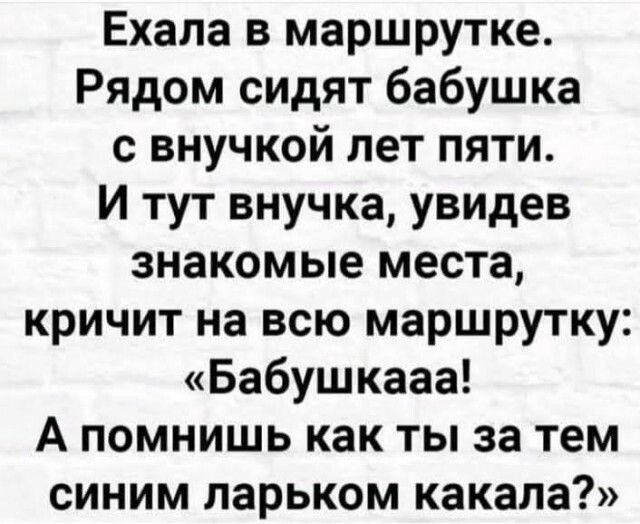 Ехала в маршрутке Рядом сидят бабушка с внучкой лет пяти И тут внучка увидев знакомые места кричит на всю маршрутку Бабушкааа А помнишь как ты за тем синим парьком какала