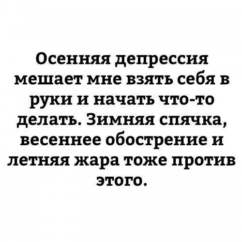 Осенняя депрессия мешает мне взять себя в руки и начать что то делать Зимняя спячка весеннее обострение и летняя жара тоже против этого