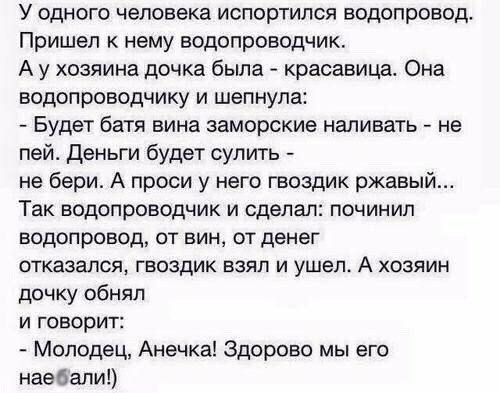 У одного человека испортился водопровод Пришел к нему водопроводчик А у хозяина дочка была красавица Она водопроводчику и шепнула Будет батя вина заморские наливать не пей Деньги будет судить не бери А проси у него гвоздик ржавый Так водопроводчик и сделал починил водопровод от вин от денег ОТКЗЗЭЛСЯ ГБОЭДИК ВЗЯЛ И ушел А ХОЗЯИН дочку обнял И ГОВОРИТ Молодец Анечка Здорово мы его наебали
