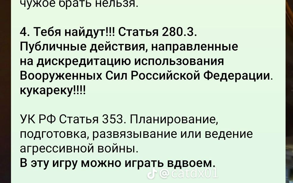 чужое орать нельзя 4 Тебя найдут Статья 2803 Публичные действия направленные на дискредитацию использования Вооруженных Сил Российской Федерации кукареку УК РФ Статья 353 Планирование подготовка развязывание ипи ведение агрессивной войны в эту игру можно играть вдвоем