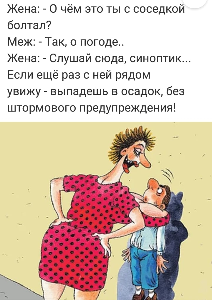 Жена О чём это ты с соседкой болтал Меж Так о погоде Жена Слушай сюда синоптик Если ещё раз с ней рядом увижу выпадешь в осадок без штормового предупреждения