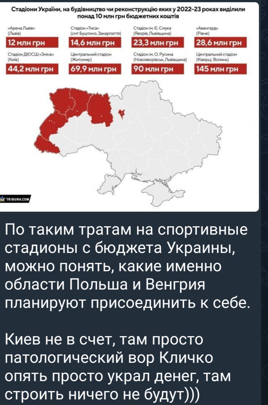 снимки и ищчвтшпмпшиш ш шт По таким тратам на спортивные стадионы с бюджета Украины можно понять какие именно области Польша и Венгрия планируют присоединить к себе Киев не в счет там просто патологический вор Кличко опять просто украп денег там строить ничего не будут
