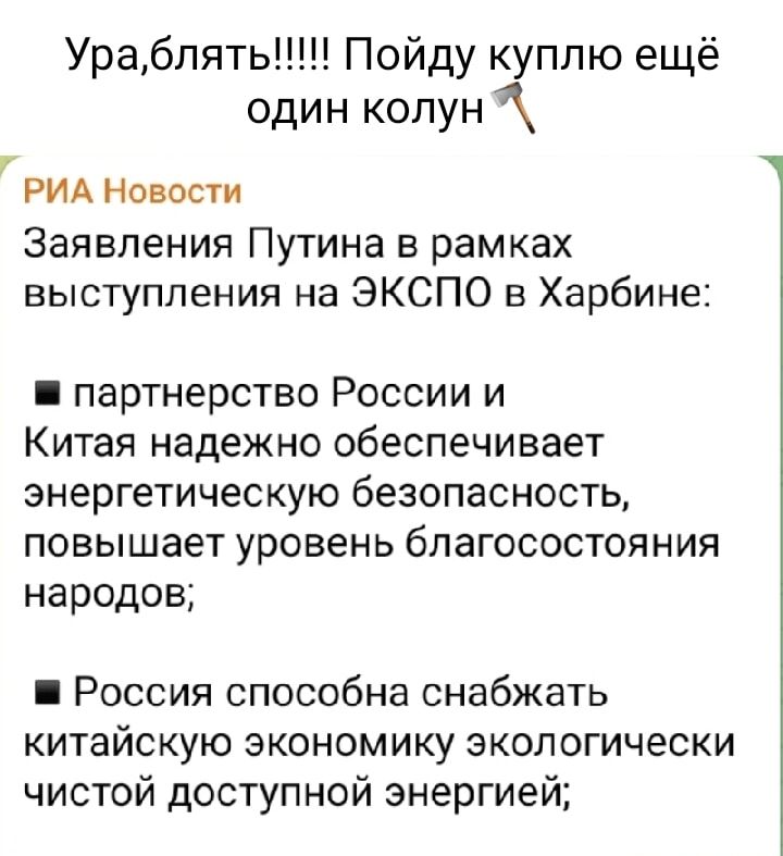 Ураблять Пойду куплю ещё один колун РИА Новости Заявления Путина в рамках выступления на ЭКСПО в Харбине партнерство России и Китая надежно обеспечивает энергетическую безопасность повышает уровень благосостояния народов Россия способна снабжать китайскую экономику экологически чистой доступной энергией