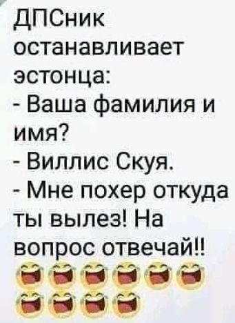 ДПСник останавливает эстонца Ваша фамилия и имя Виллис Скуя Мне похер откуда ты вылез На вопрос отвечай 332
