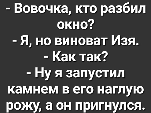 Вовочка кто разбил окно Я но виноват Изя Как так Ну я запустил камнем в его наглую рожу а он пригнулся