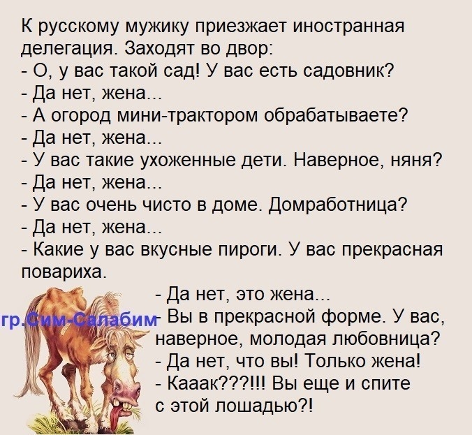 К русскому мужику приезжает иностранная делегация Заходят во двор _ 0 у нас такой сад У вас есть садовник Да нет жена А огород мини трактором обрабатываете да нет жена _ У вас такие ухоженные дети Наверное няня да нет жена У вас очень чисто в доме домработница да нет жена _ Какие у вас вкусные пироги У вас прекрасная повариха да нет это жена им Вы в прекрасной форме У вас наверное молодая любовниц