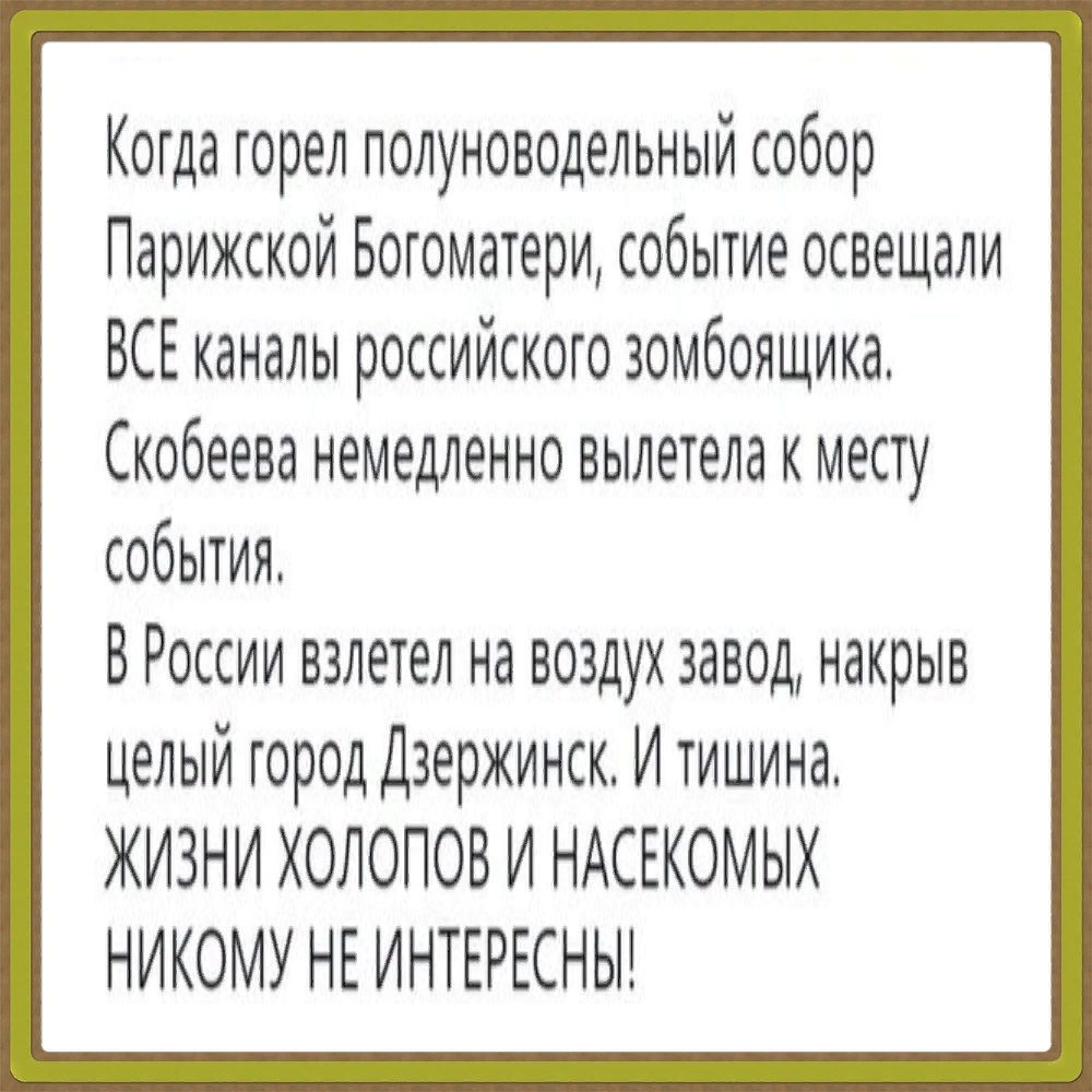 Когда горел полуноводельный собор Парижской Богоматери событие освещали ВСЕ каналы российского зомбоящика Скобеева немедленно вылетела к месту события В России взлетел на воздух завод накрыв целый город Дзержинск И тишина ЖИЗНИ ХОЛОПОВ И НАСЕКОМЫХ НИКОМУ НЕ ИНТЕРЕСНЫ