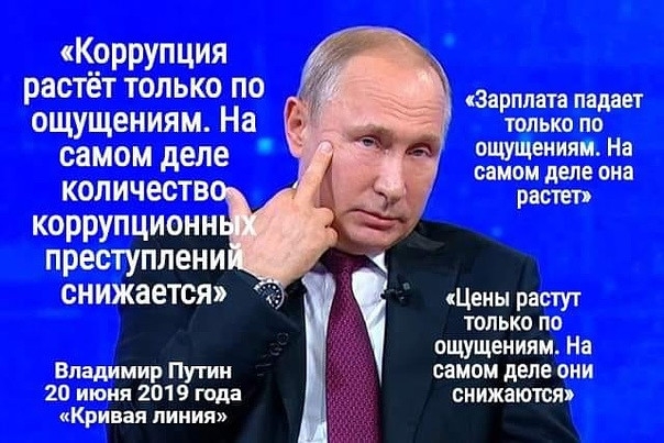 Коррупция растёт только по ощущениям На __ самом деле копичеств коррупционн преступлени снижается Владимир Путин 20 июня 2019 года Кривая линия Зарплата падает только по ощуЩеиияти На самом деле она растет Цены растут только по ощущениям На самом деле они снижаются