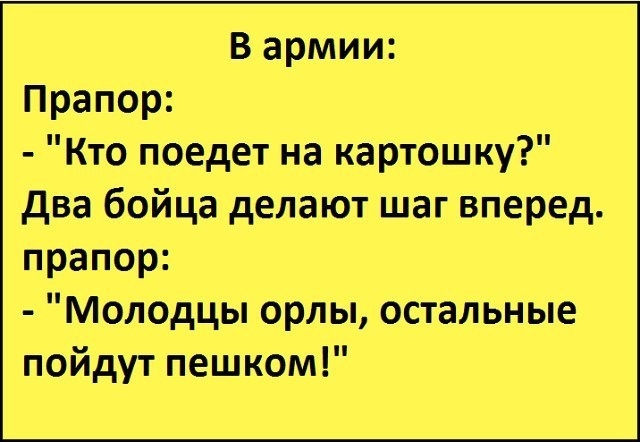 В армии Прапор Кто поедет на картошку два бойца делают шаг вперед прапор Молодцы орлы остальные пойдут пешком