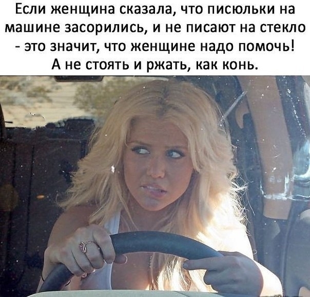 Если женщина сказала что писюльки на машине засорились и не писают на стекло это значит что женщине надо помочь А не стоять и ржать как конь