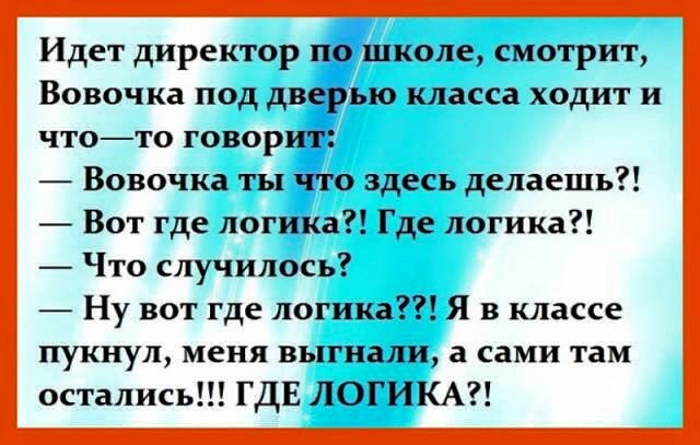 Идет директор по школе смотрит Вовочка под дверью класса ходит и чтото говорит Вовочка ты что здесь делаешь Вот где логика Где логика Что случилось Ну вот где логика Я в классе пукнул меня выгнали а сами там остались ГДЕ ЛОГИКА