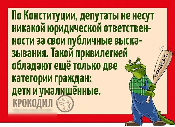 По Конституции депутаты не несут никакой юридической ответствен ности за свои публичные выска зывания Такой привилегией обладают ещё только две категории граждан дети и умалицгёённые к
