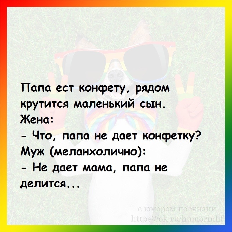 Папа ест конфету рядом крутится маленький сын Жена Что папа не дает конфетку Муж меланхолично Не дает мама папа не делится