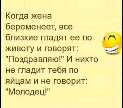 Когда жена беременеет все близкие гладят ее по животу и говорят Поздравляю И никто не гладит тебя по яйцам и не говорит Молодец