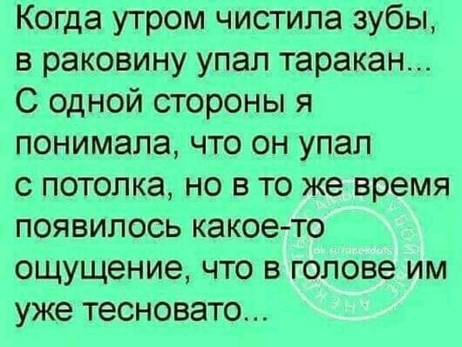 Когда утром чистила зубы в раковину упал таракан С одной стороны я понимала что он упал с потолка но в то же время появилось какоето ощущение что в голове им уже тесновато