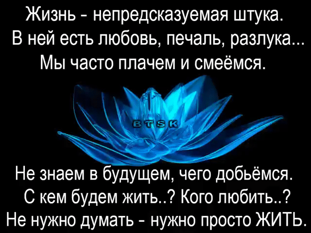Жизнь непредсказуемая штука В ней есть любовь печаль разлука Мы часто ппачем и смеёмся взтгеісе 1 Не знаем в будущем чего добьёмся С кем будем жить Кого любить Не нужно думать нужно просто ЖИТЬ