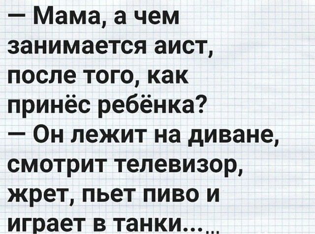 Мама а чем занимается аист после того как принёс ребёнка Он лежит на диване смотрит телевизор жрет пьет пиво и играет в танки