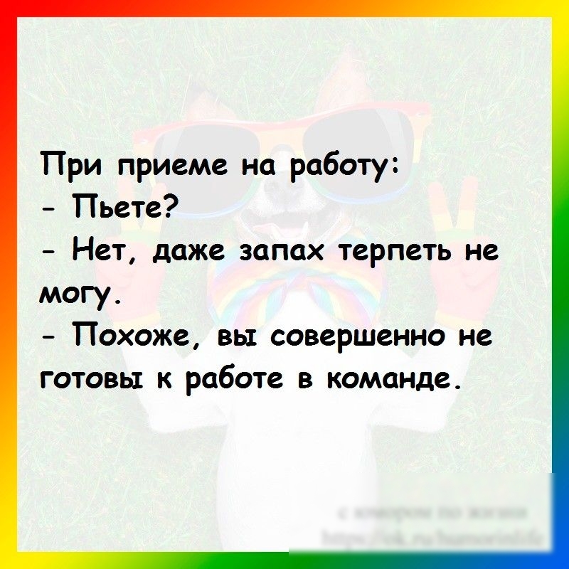 При приеме на работу Пьете Нет даже запах терпеть не могу Похоже вы совершенно не готовы к работе в команде