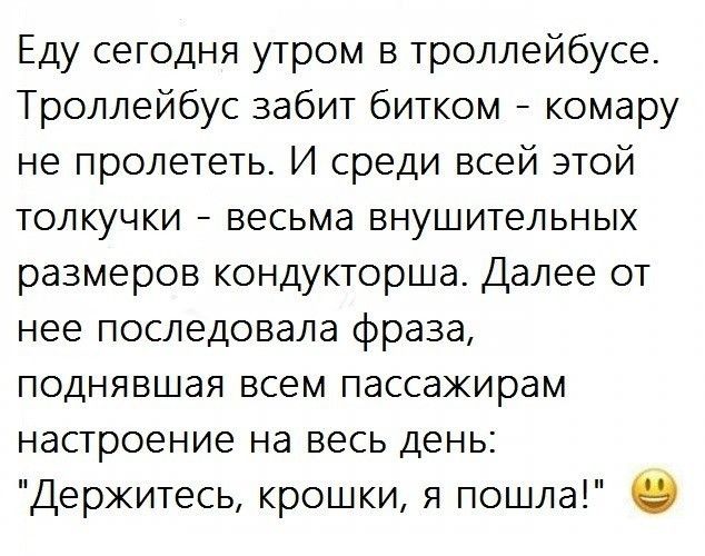 Еду сегодня утром в троллейбусе Троллейбус забит битком комару не пролететь И среди всей этой толкучки весьма внушительных размеров кондукторша Далее от нее последовала фраза поднявшая всем пассажирам настроение на весь день Держитесь крошки я пошла