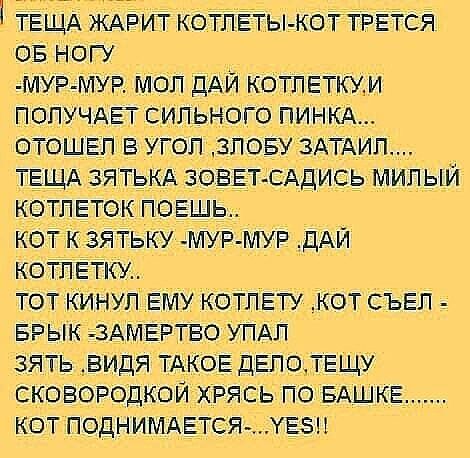 ТЕЩА ЖАРИТ котлёты кот ТРЕТСЯ ов ногу МУР МУР мол дАЙ котлетпои получдет сильного пинкд отошел в угол злову 3АГАИП Т_ЕЩА зятькд вовасддись милый котлвтокповшь кот к зятьку мурмур ДАЙ котлетки тот Кинул ЕМУ Котпвту кот съел врык здмвртво УПАЛ зять видя ТАКОЕ делотЕщУ сковородкой хрясь по БАШКЕ кот ПОДНИМАЕТСЯХЕБН