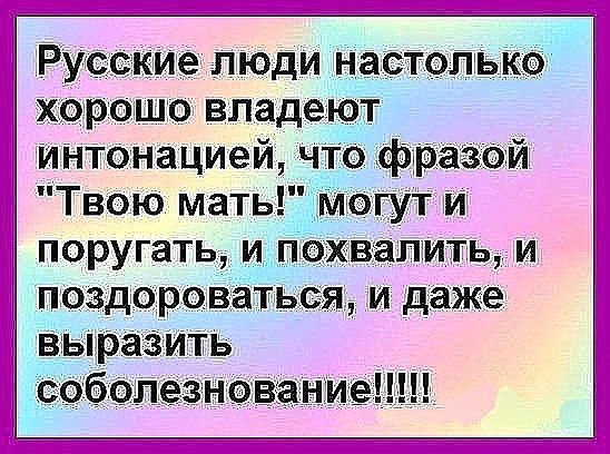 Русские люди настоЛЬКФ хорошо владеют интонацией ЧТО разай Твою мать Могут и поругать и похвалить и поздороваться и даже выразить