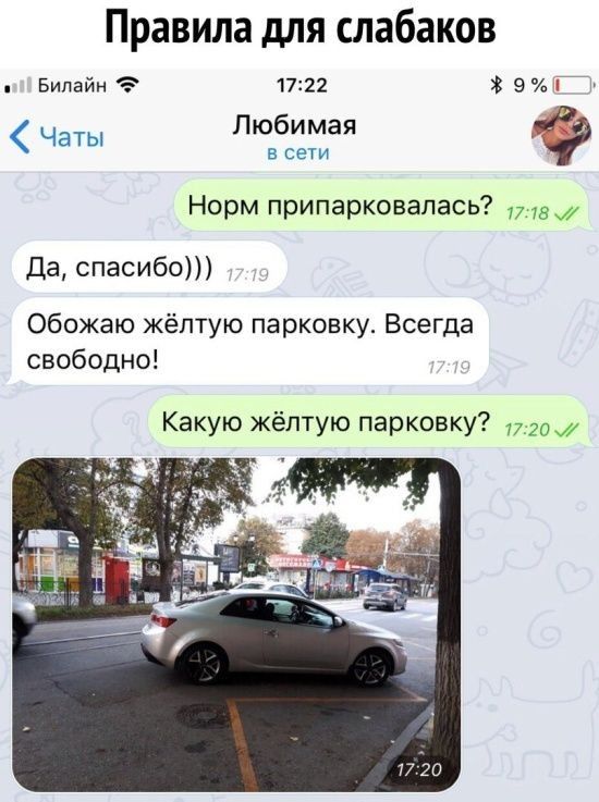 Правила для слабаков Билайн 17122 В 9 _р Чаты Любимая в сети Норм припарковалась 7 18 Да спасибо Обожаю жёлтую парковку Всегда свободно Какую жёлтую парковку 720