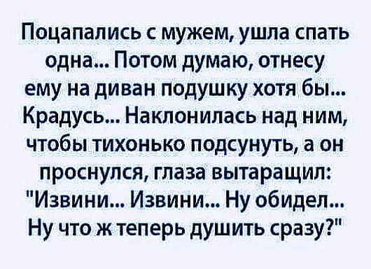 Поцапапись с мужем ушла спать одна Потом думаю отнесу ему на диван подушку хотя бы Крадусь Наклонилась над ним чтобы тихонько подсунуть а он проснулся глаза вытаращил Извини Извини Ну обидел Ну что ж теперь душить сразу